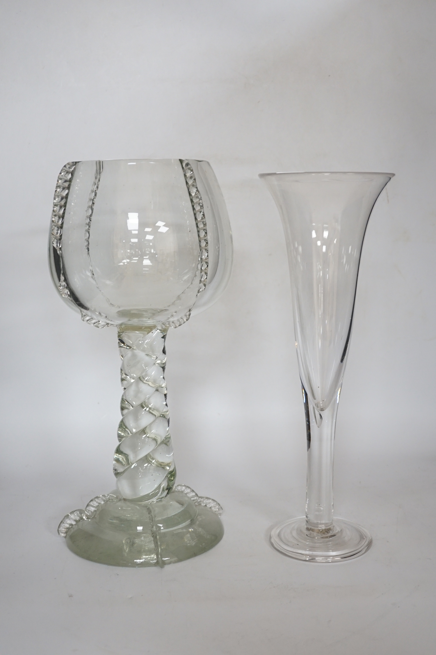 A large glass centrepiece and a tear drop trumpet shaped vase, 38cm